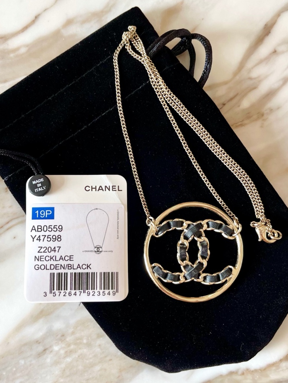 Chanel Gold-Toned Metal and Black Leather Necklace with Receipt and Tags SS 2019